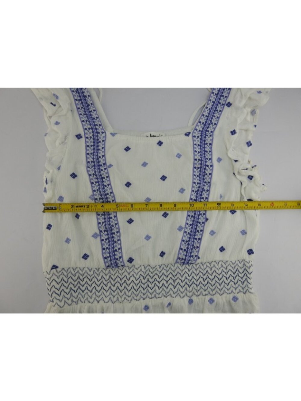 in Loom White Blue Embroidered Smocked Ruffle Crop Top Sz S Boho Cottagecore - Picture 6 of 7